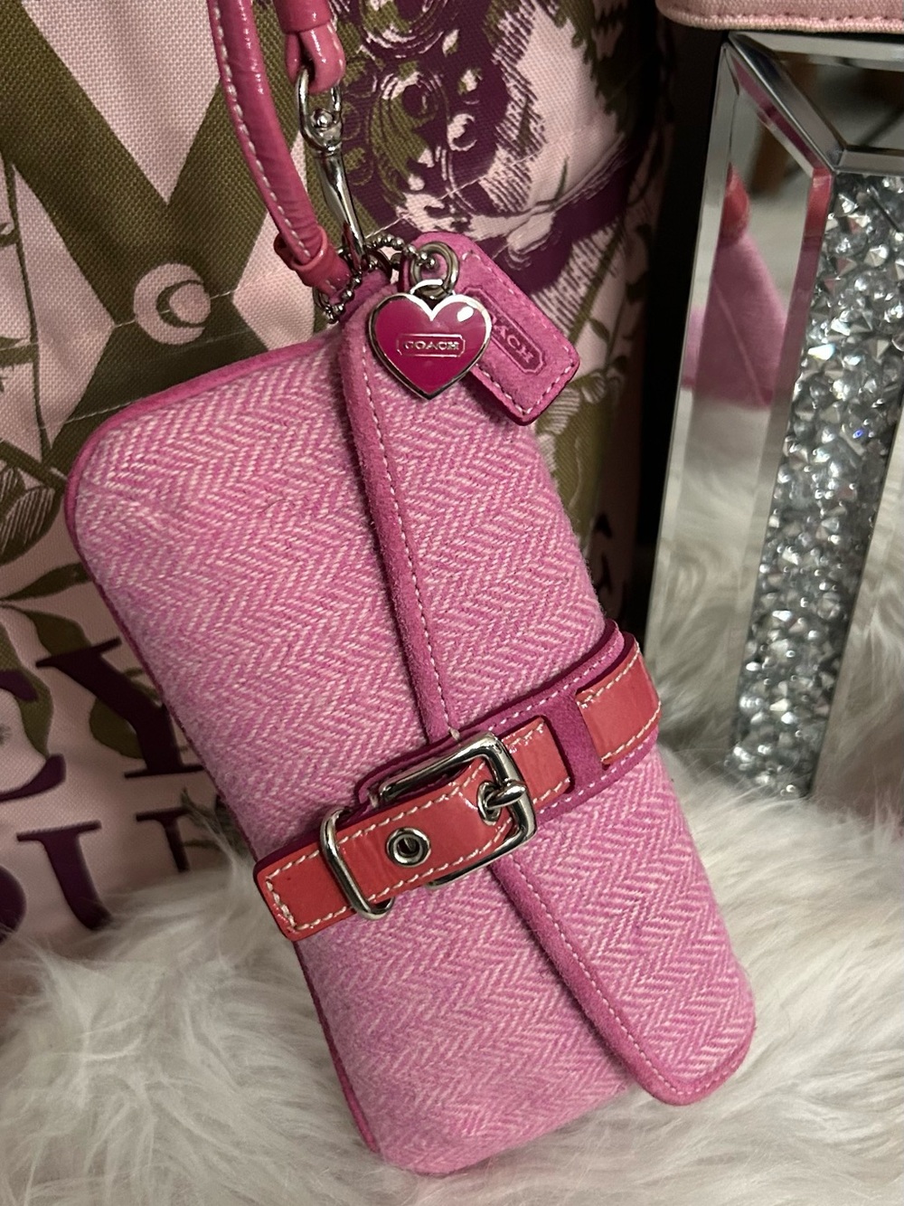Y2K Vintage Coach Pink Wool Herringbone Tweed Wristlet with Heart Charm